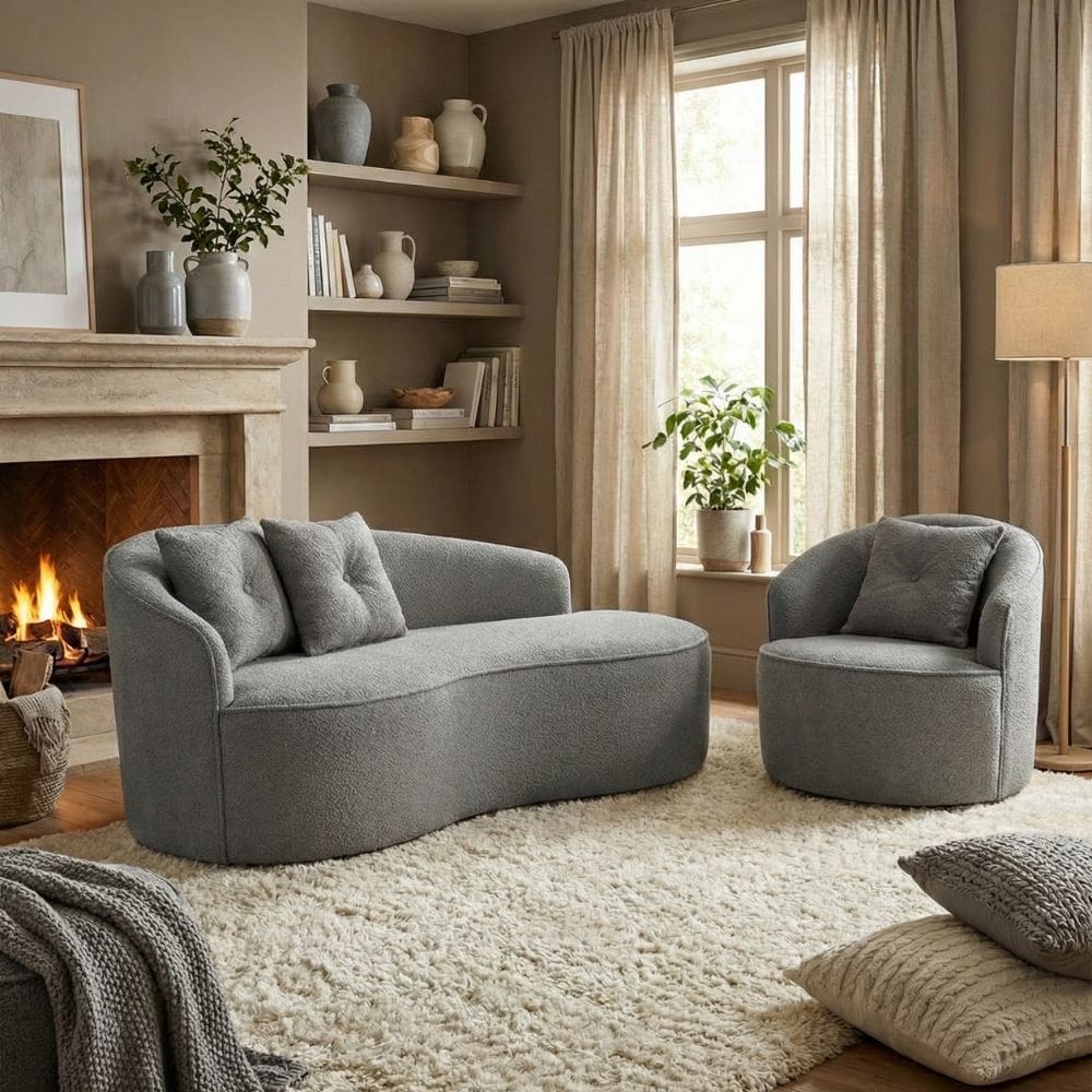 Kit de 01 Sofá Orgânico Curvo Feijão + 01 Poltrona Confortável Sala Estúdio Amore Bouclê Cinza - Montanari`s Decor