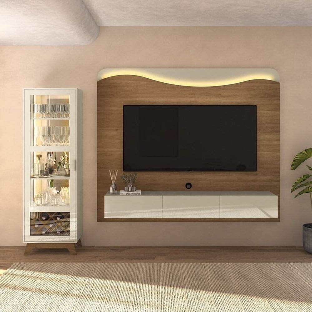 Conjunto Sala de Estar Cristaleira Mirage e Painel Lumiere Cinamomo /Off White