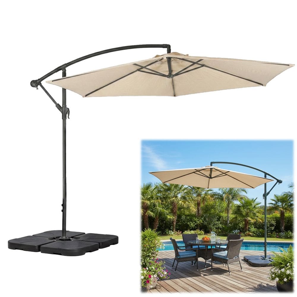 Kit Ombrelone Lateral Suspenso 2,5 Metros TAIPU Bege + Base 60 Litros Quadrada Piscina Jardim - AMZ