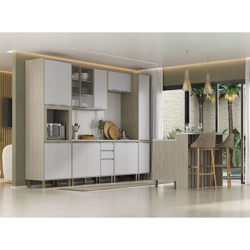 Cozinha Completa 6 Pecas com Tampo, Vidro e Bancada Ilha Art Luciane Moveis