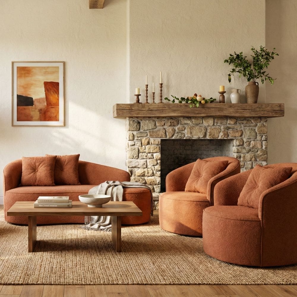 Kit de 01 Sofá Orgânico Curvo Feijão + 02 Poltronas Confortável Sala Estúdio Amore Bouclê Terracota - Montanari`s Decor