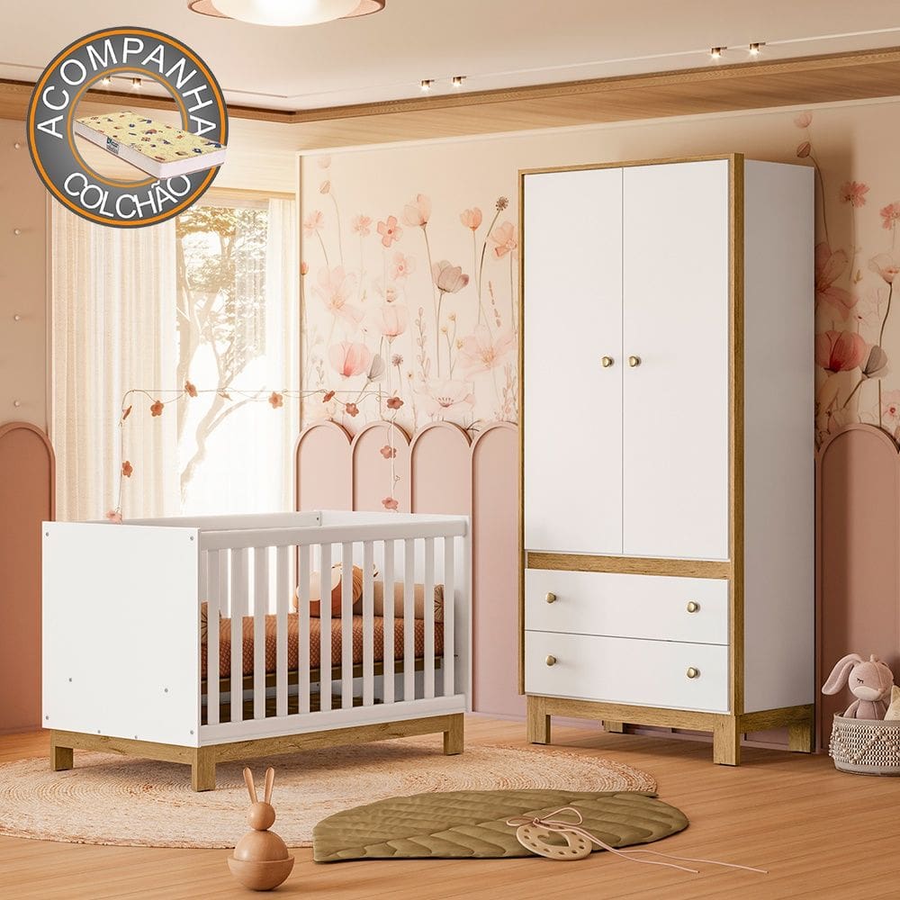 Quarto de Bebê com Berço Slim e Guarda Roupa Flora Branco Acetinado Qmovi + Colchão Gazin