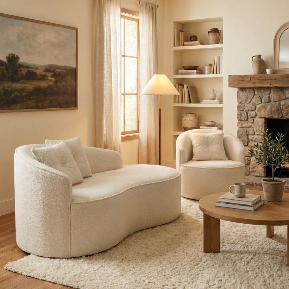 Kit de 01 Sofá Orgânico Curvo Feijão + 01 Poltrona Confortável Sala Estúdio Amore Bouclê Off White - Montanari`s Decor