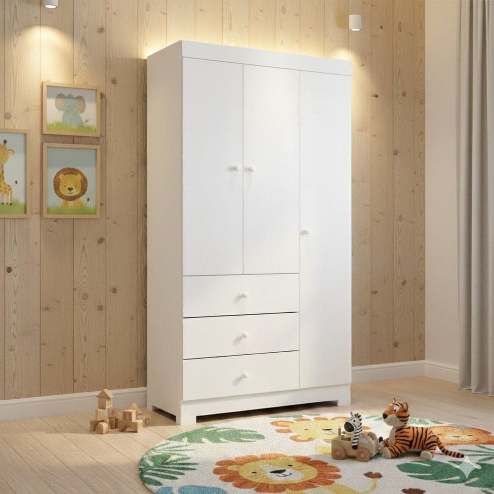 Guarda-roupa Infantil 99cm 3 Portas Mdf Duda Branco Brilho