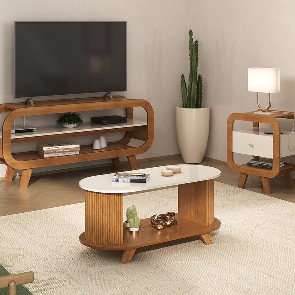 Conjunto Sala de Estar Mesa de Centro Vivladi e Mesa de Apoio e Rack Theo Cinamomo / Off White