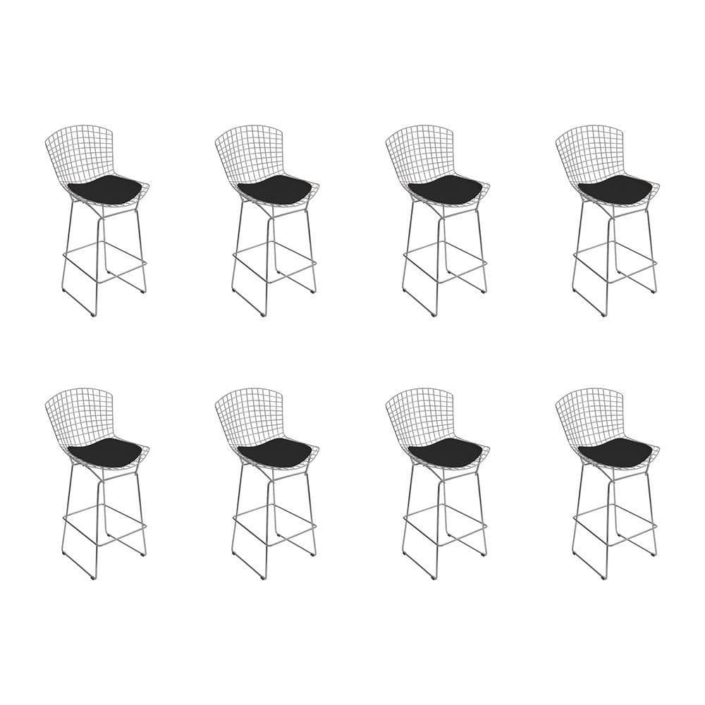 Kit 8 Banquetas Bistrô Bertoia Cromada D70 Com Assento Sintético Preto