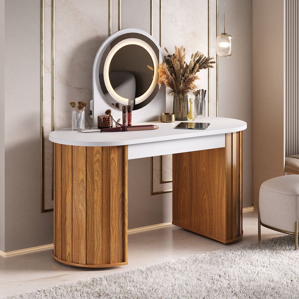 Penteadeira Escrivaninha com Espelho Led Tomada e Gaveta Organizadora Glamour Branco / Freijó