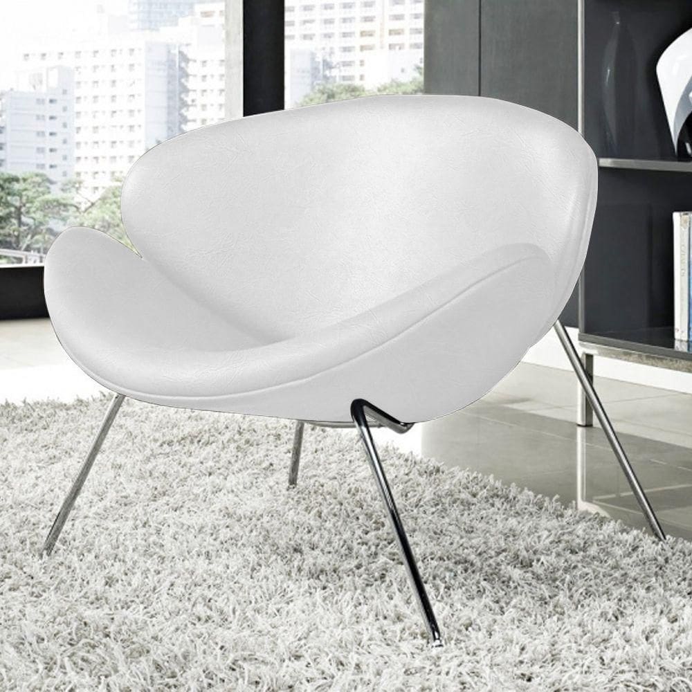 Poltrona Trevo Couro Natural Branco Base Inox