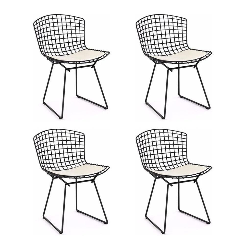 Kit 4 Cadeiras Bertoia Preta Com Assento Branco