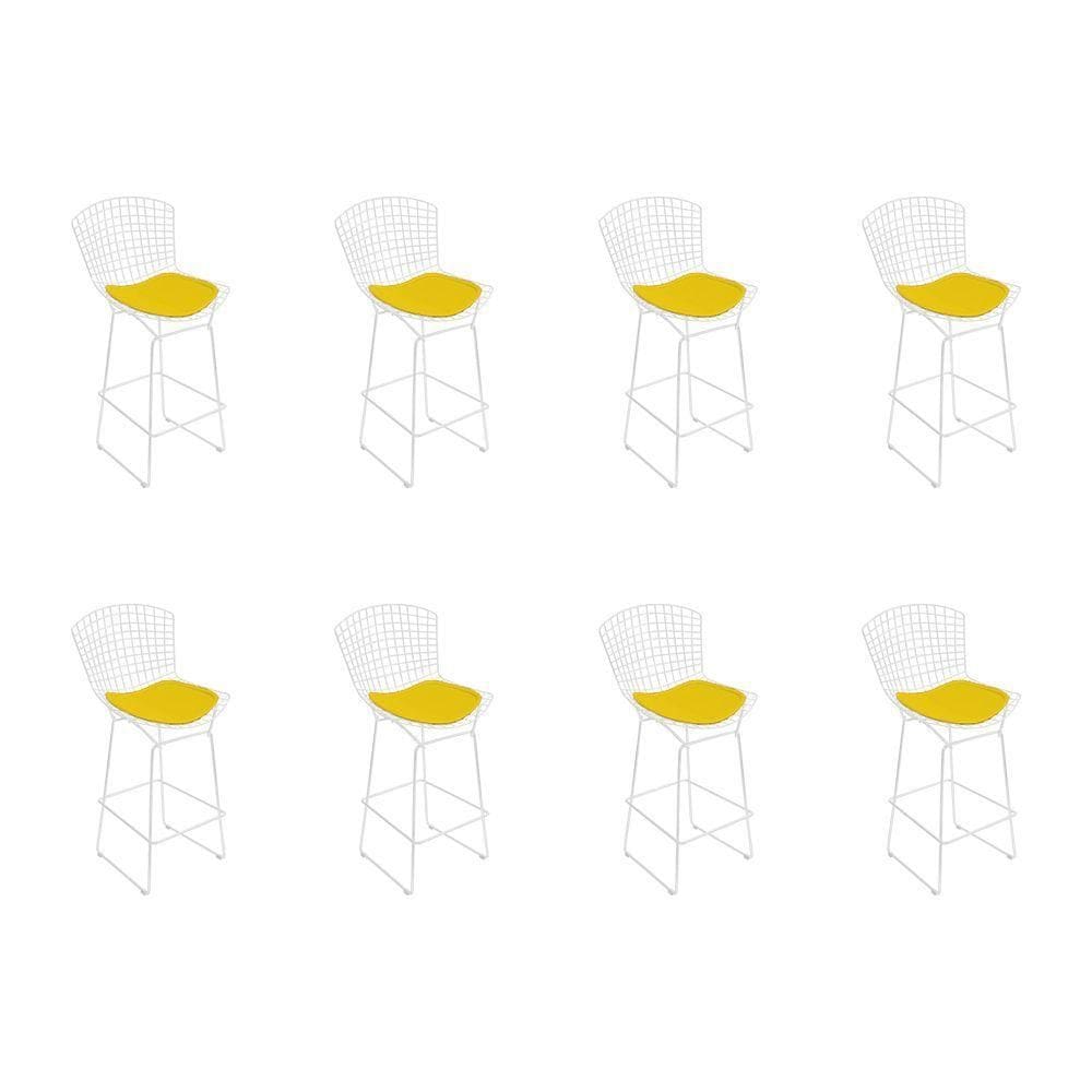 Kit 8 Banquetas Bistrô Bertoia Branca D70 Com Assento Amarelo