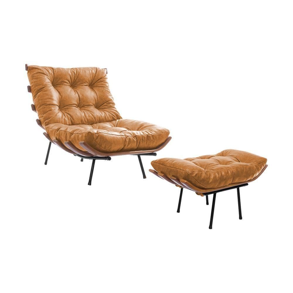 Poltrona Costela Com Puff Couro Natural Caramelo