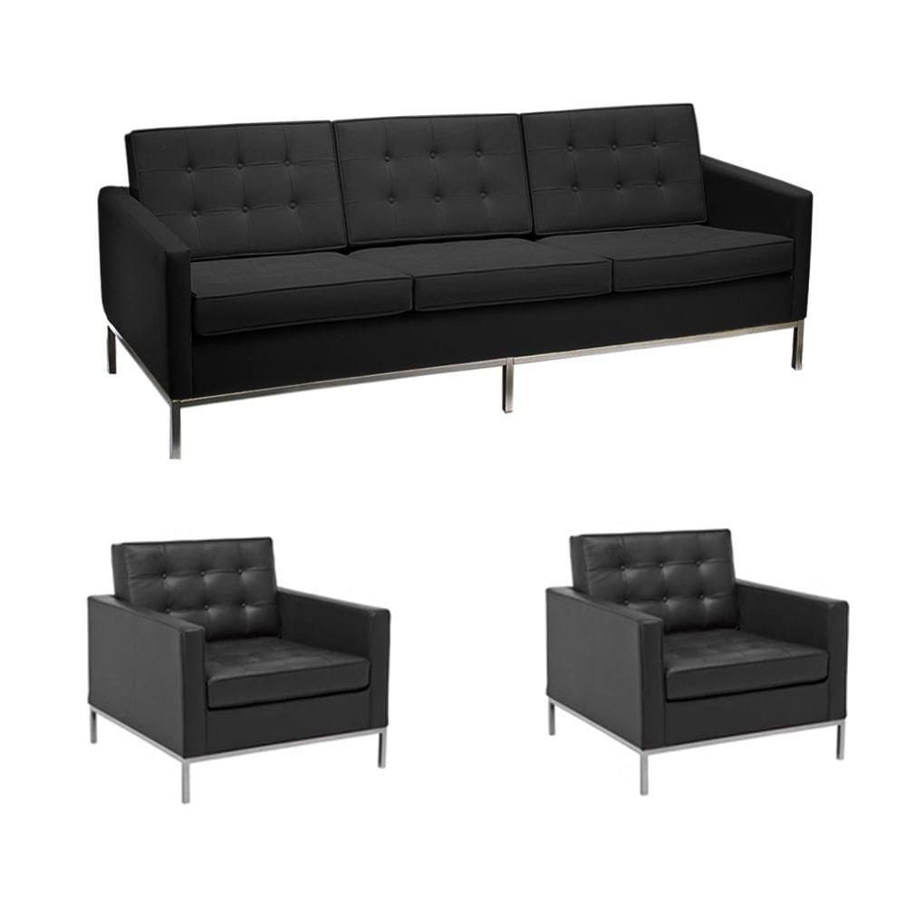 Kit Sofá Fk 3 Lugares Mais 2 Poltronas 1 Lugar 100% Couro Natural Preto