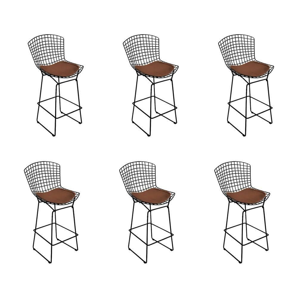 Kit 6 Banquetas Bistrô Bertoia Preta D60 Com Assento Marrom