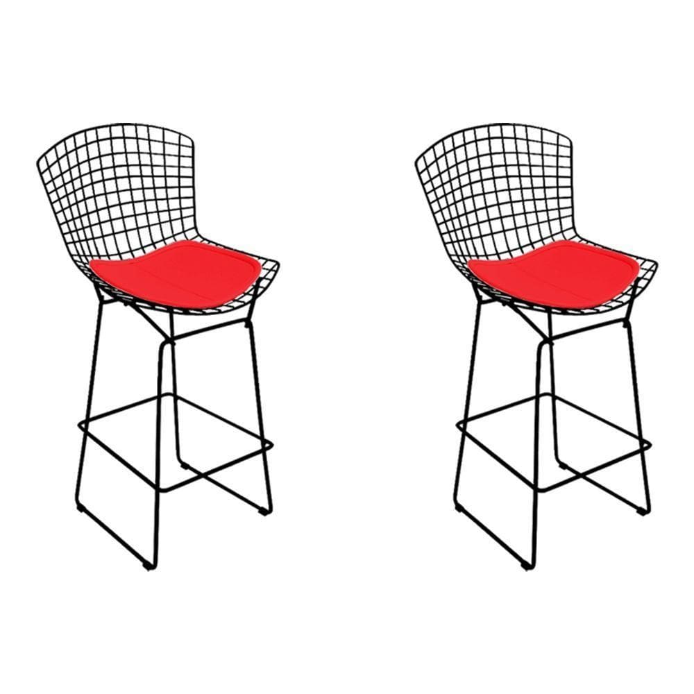Kit 2 Banquetas Bistrô Bertoia Preta D60 Com Assento Vermelho