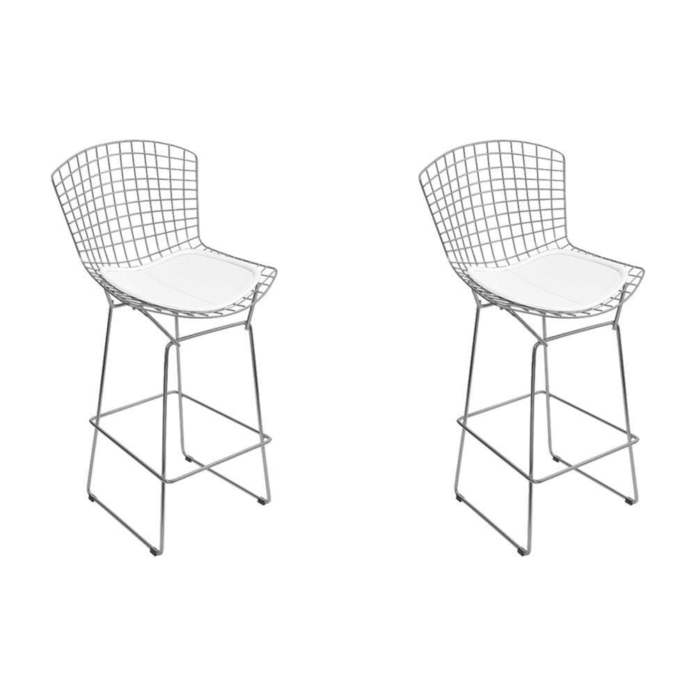 Kit 2 Banquetas Bertoia Cromada D70 Com Assento Sintético Branco