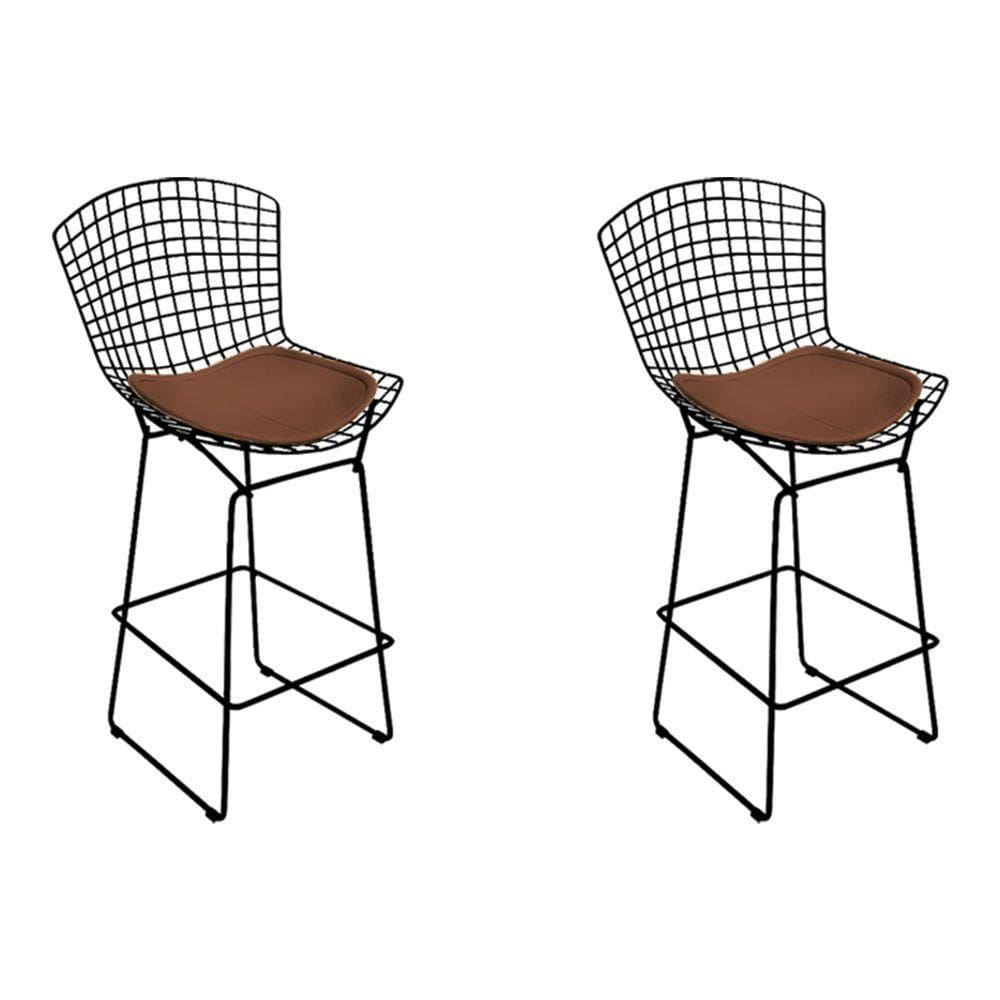 Kit 2 Banquetas Bertoia Preta D80 Com Assento Marrom