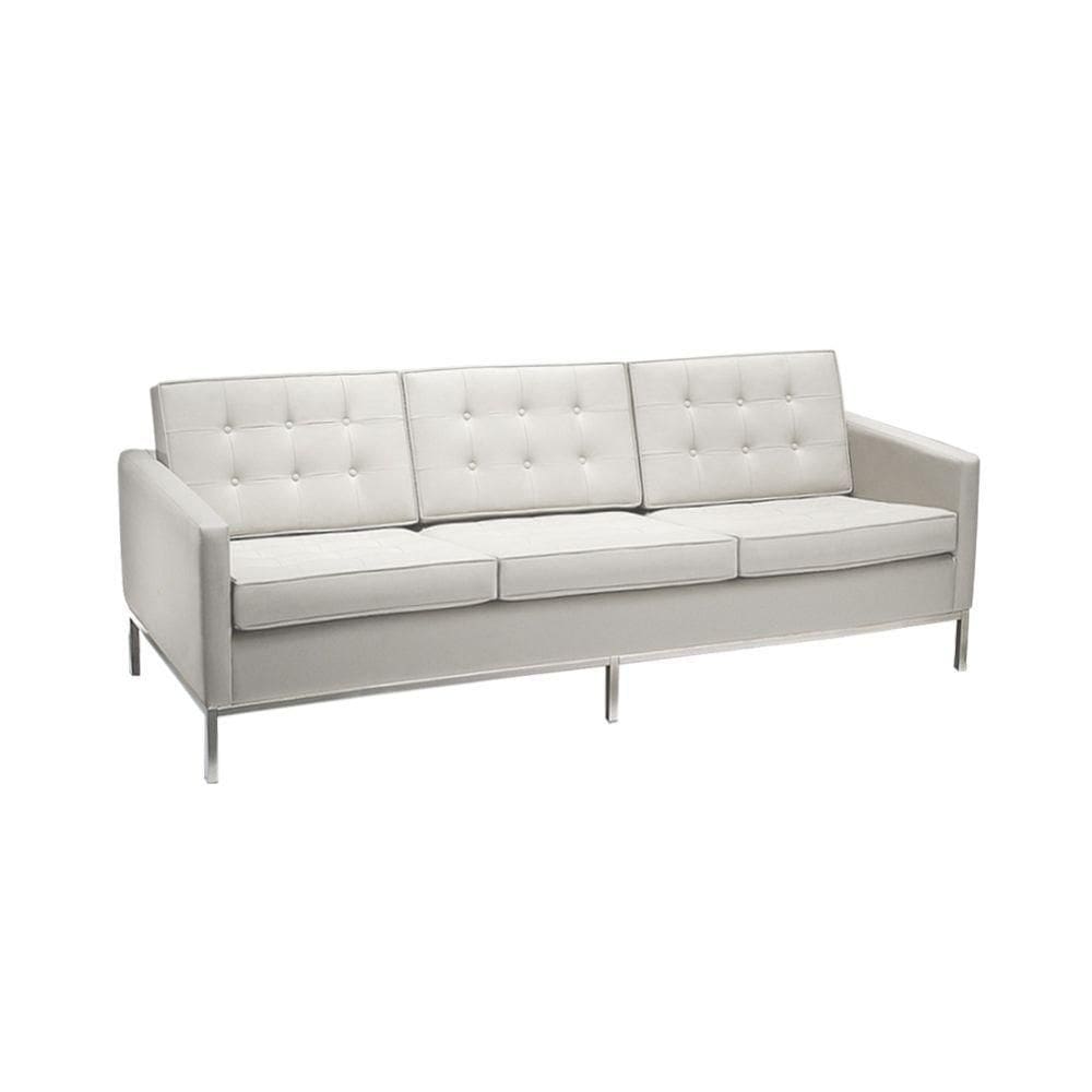 Sofá Fixo Florence Knoll 3 Lugares Cromado Em Couro Natural Branco