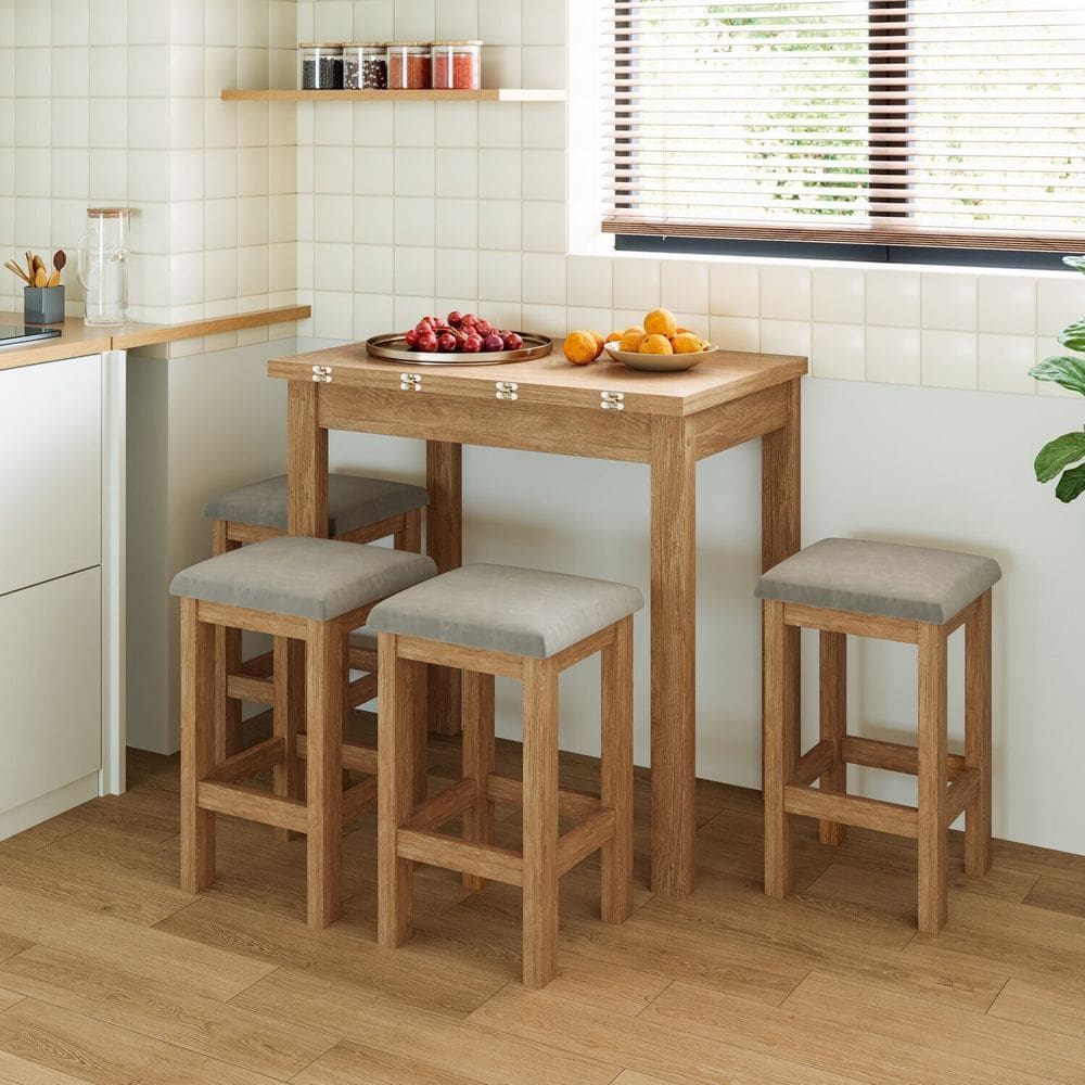 Conjunto Mesa Dobrável com 4 Bancos para Sala de Jantar Inovata/Bege Claro