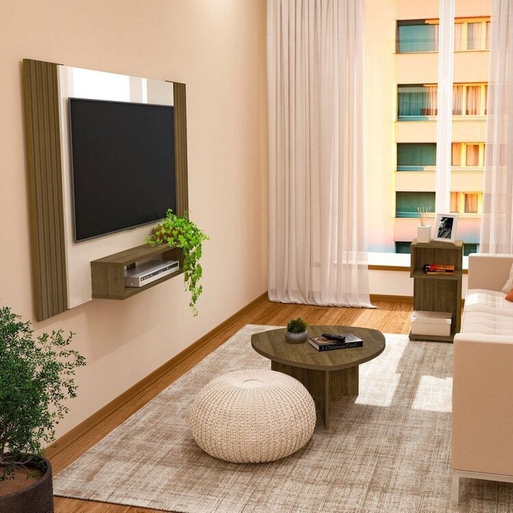 Conjunto Sala de Estar Mesa de Apoio Toy e Mesa de Centro Delta e Painel Cine Pinho/Off White