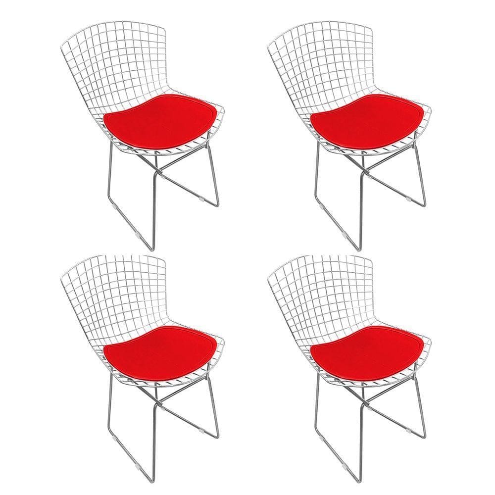 Kit 4 Cadeiras Bertoia Cromada Com Assento Sintético Vermelho