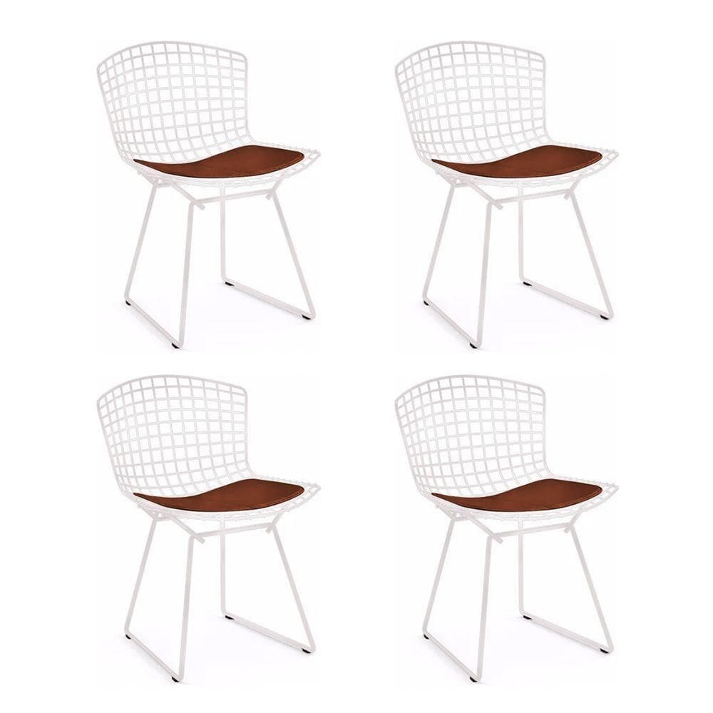 Kit 4 Cadeiras Bertoia Branca Com Assento Marrom