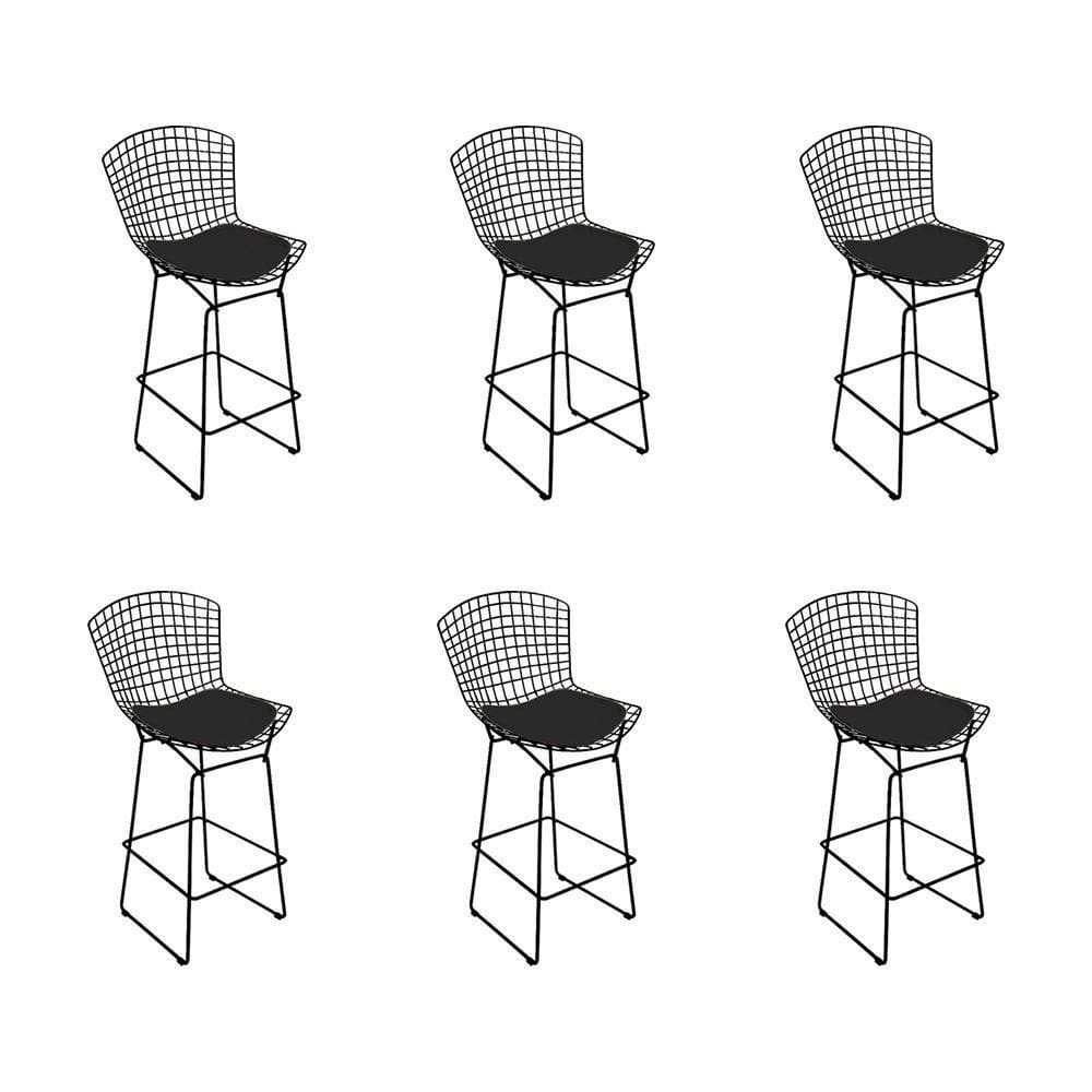 Kit 6 Banquetas Bistrô Bertoia Preta D60 Com Assento Preto