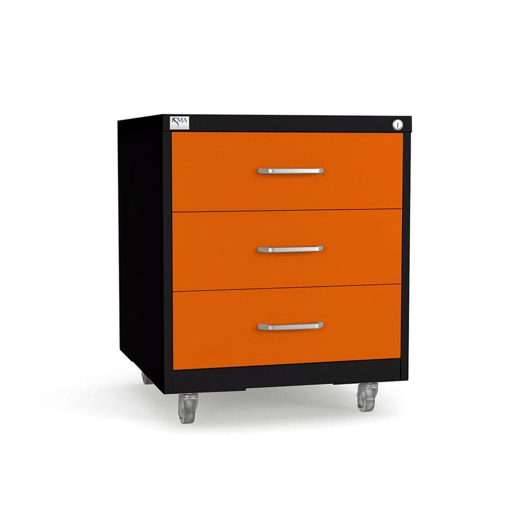 Gaveteiro de Aço 3 Gavetas com Rodízios e Chave Laranja/Preto