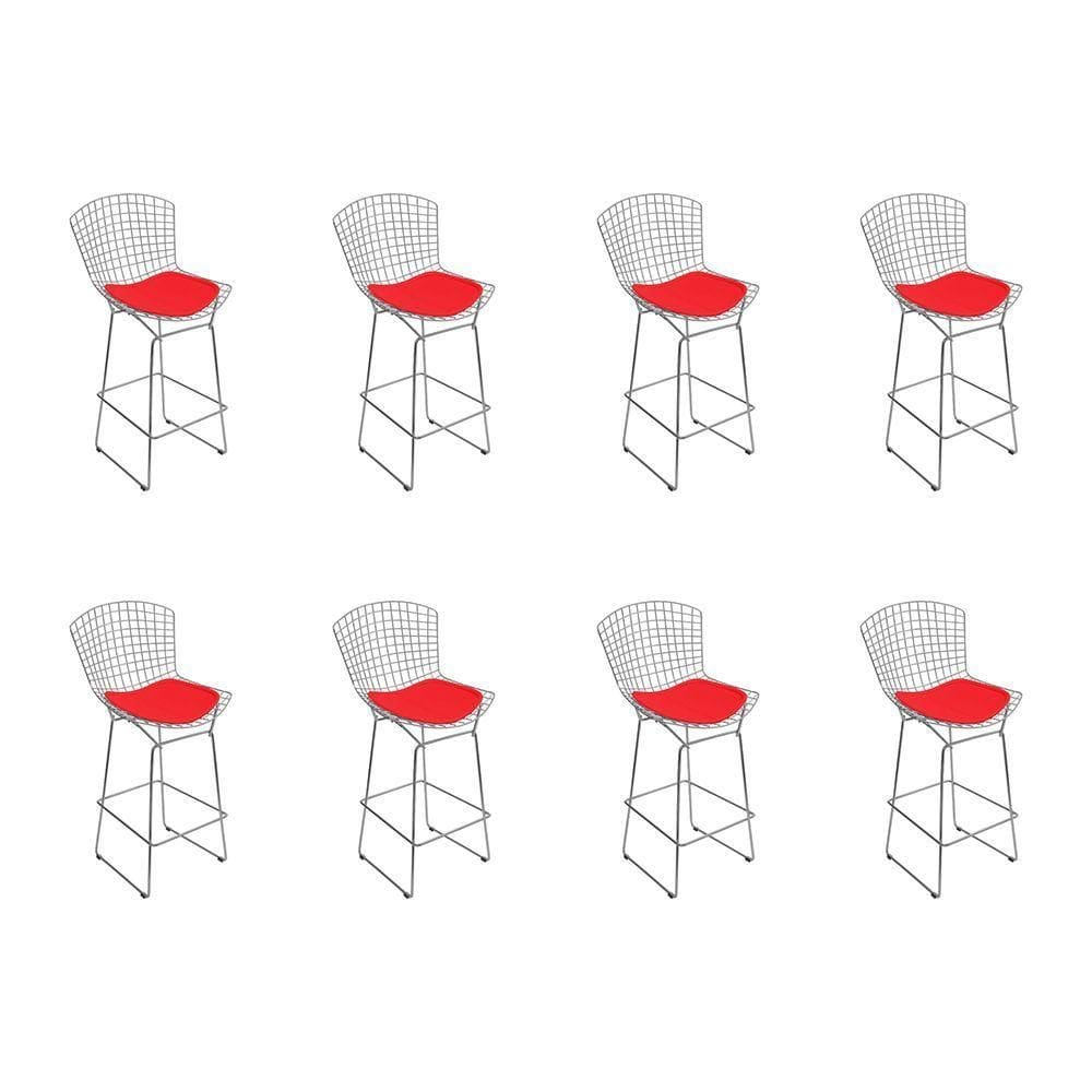Kit 8 Banquetas Bistrô Bertoia Cromada D70 Com Assento Sintético Vermelho