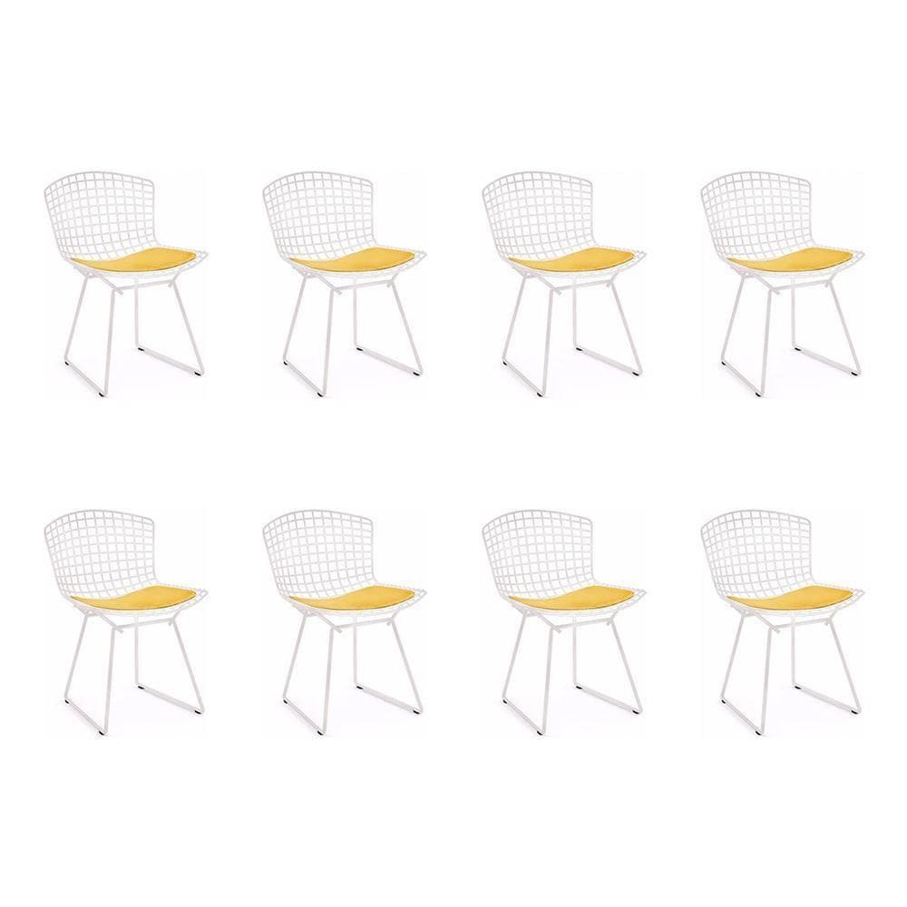 Kit 8 Cadeiras Bertoia Branca Com Assento Amarelo