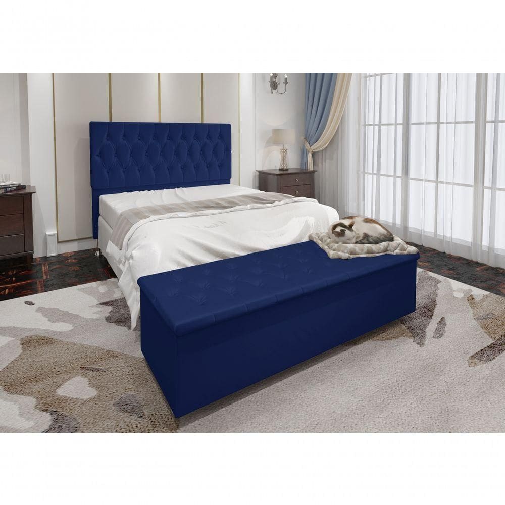 Cabeceira Casal E Recamier Baú 1,60m Madrid Suede Azul