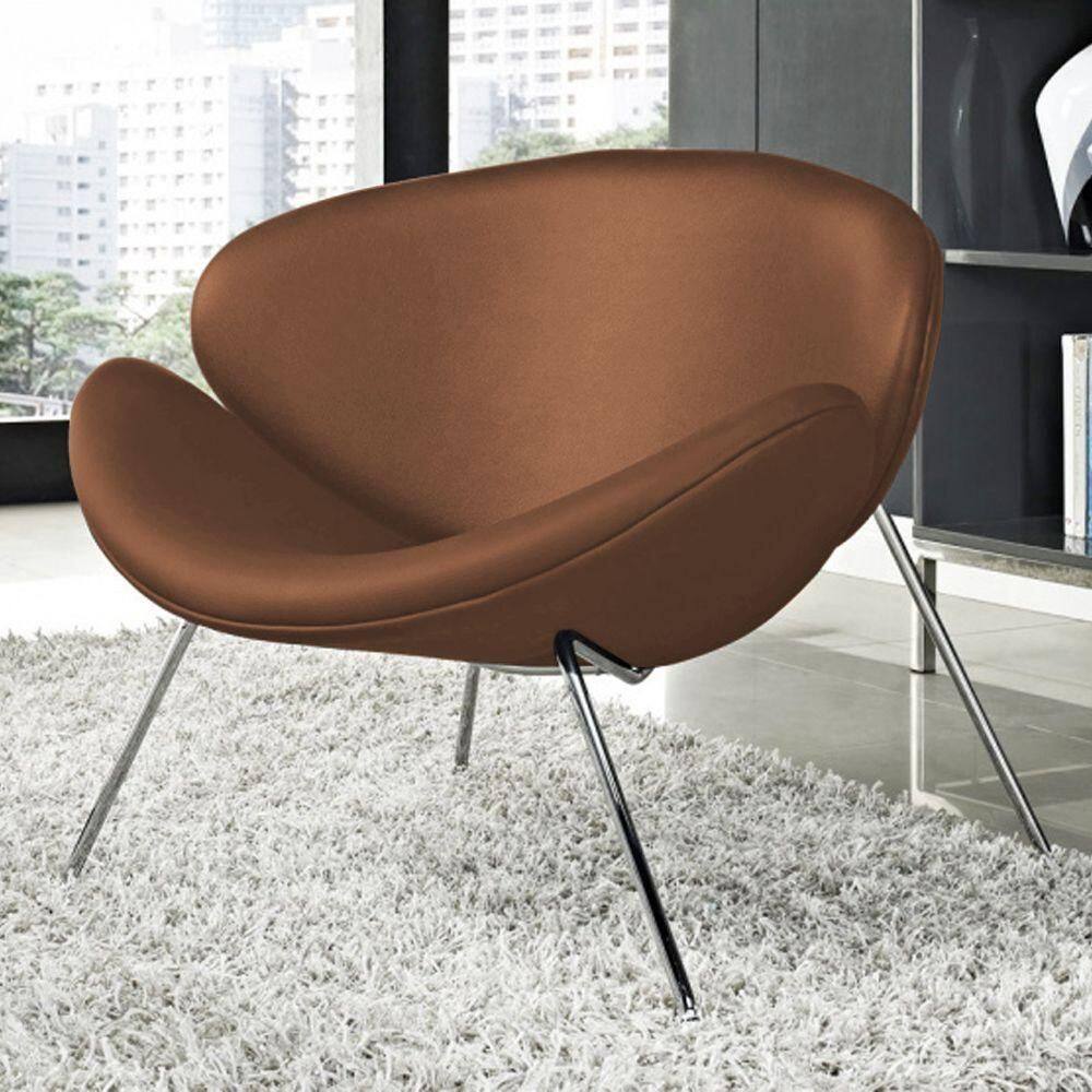 Poltrona Trevo Couro Sintético Marrom Base Inox