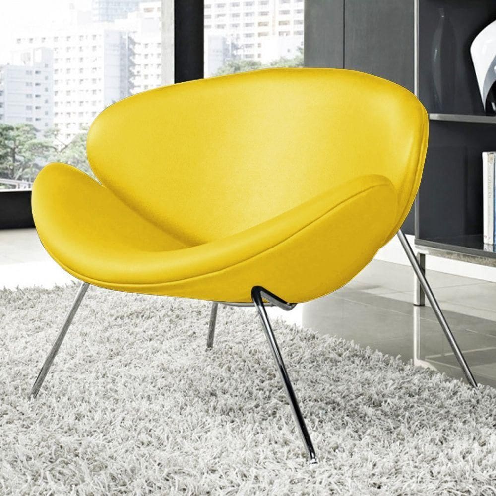 Poltrona Trevo Couro Sintético Amarelo Base Cromada