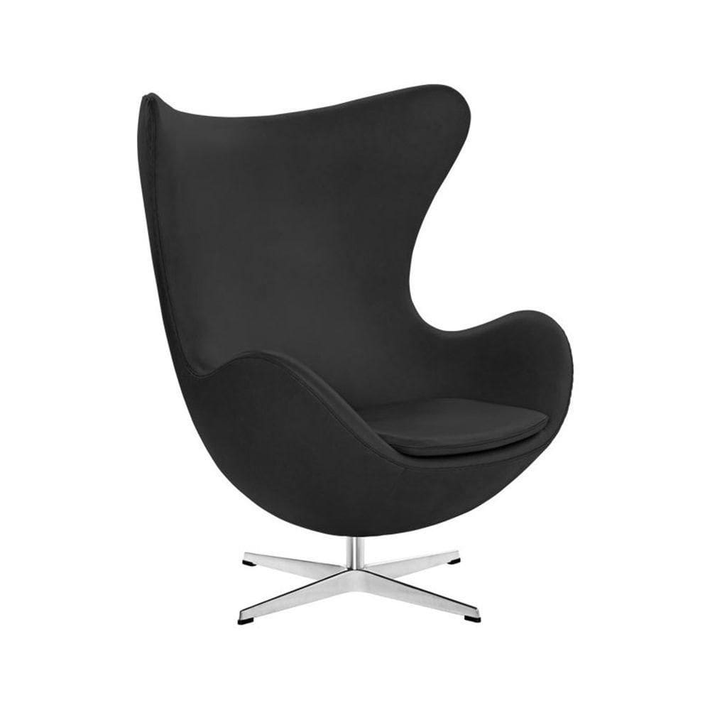 Poltrona Egg Sem Puff Base Em Alumínio Couro Natural Preto