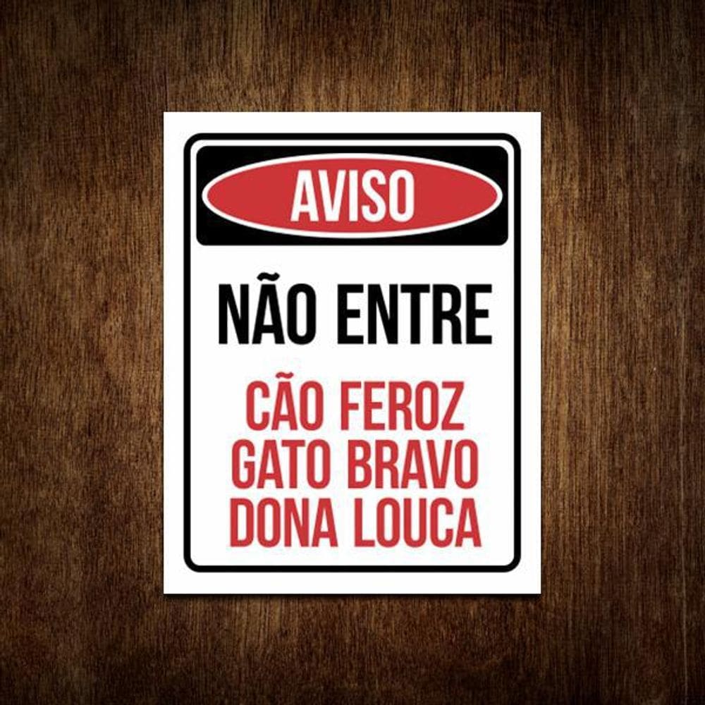 Placa Aviso Não Entre Cão Feroz Gato Bravo Dona Louca 27X35
