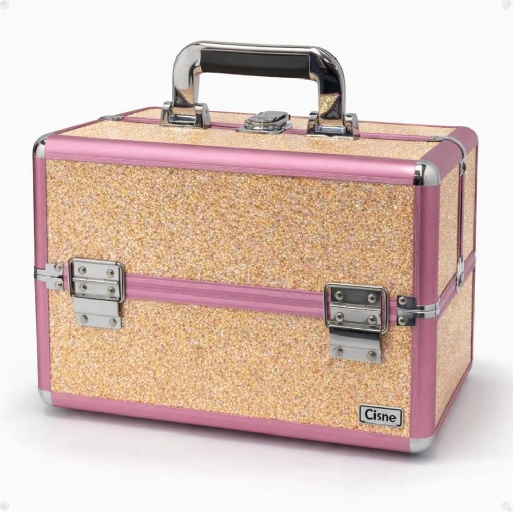 Maleta de Maquiagem Cisne Linha Shine Salmão Glitter e Rosa com 3 Bandejas Csn-5171b