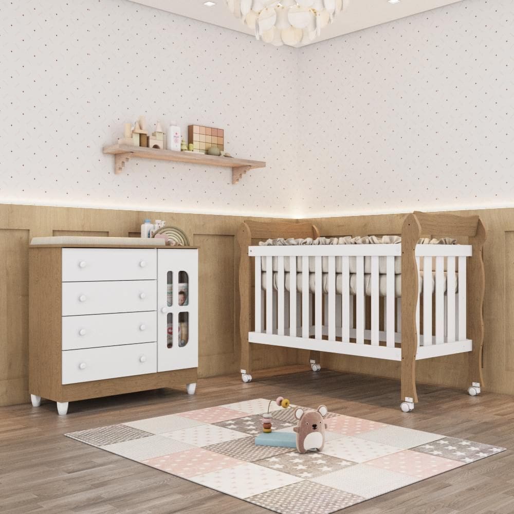 Quarto Bebê Completo Berço Americano Marquesa 3Em1 Cômoda 4 Gavetas 1 Porta Gabrielle 100% MDF
