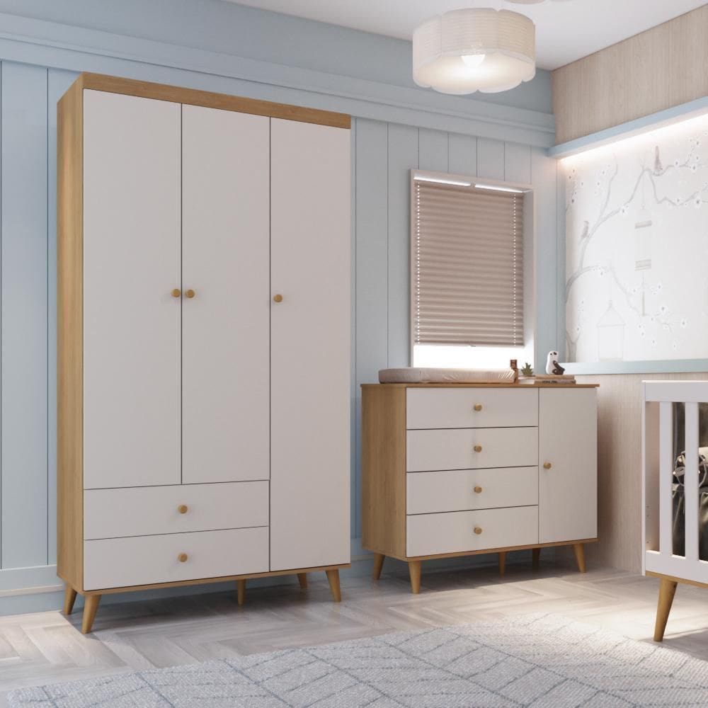 Quarto Bebê Completo Guarda Roupa 3 Portas Cômoda 4 Gavetas 1 Porta Lígia 100% MDF