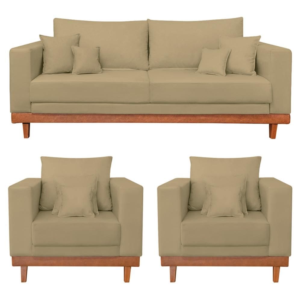 Kit 2 Poltronas Living + Sofá 3 Lugares Base Madeira Suede
