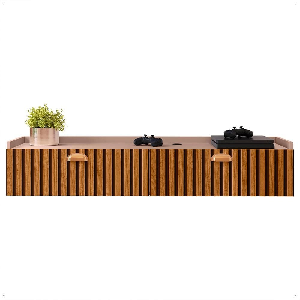 Rack Suspenso 1.20 Home Decor Tv 42” Bancada Flutuante 2 Porta Puxador Concha Sala Quarto Bege/Ripado- Lojas RPM