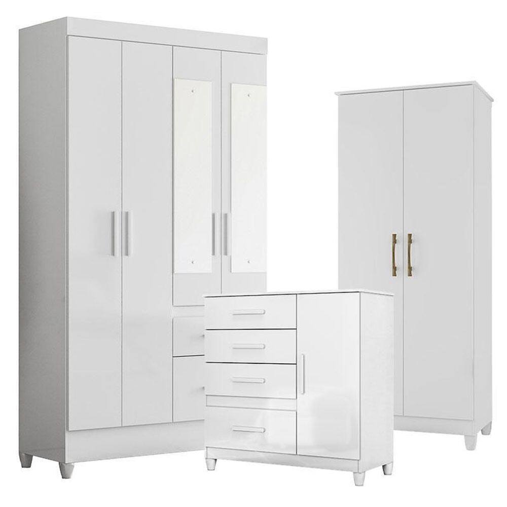 Guarda Roupa com Espelho Infantil Madri com Cômoda Vênus com pés e Multiuso Jade Branco Brilho – Moval