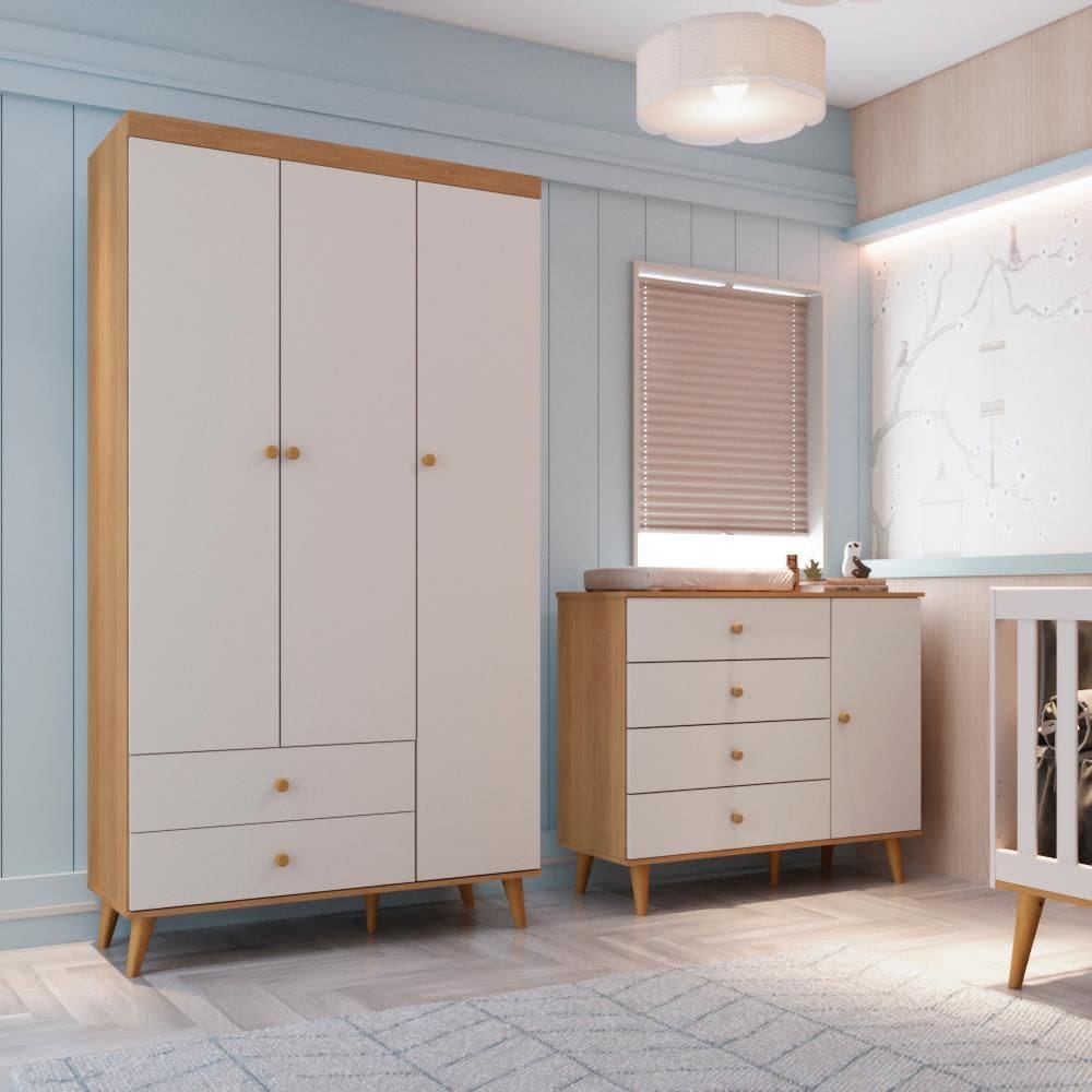 Quarto de Bebê Retrô Lígia Cômoda 4 Gavetas com Porta Guarda Roupa 3 Portas Off White Carolina Baby