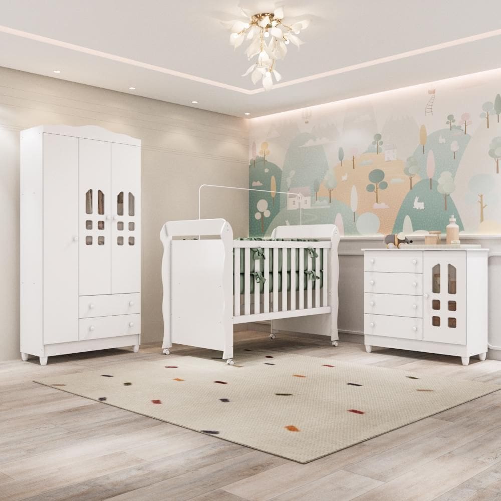 Quarto Bebê Completo Berço Americano Marquesa 3Em1 Mirelle Guarda Roupa 3 Portas Cômoda Infantil 100% MDF