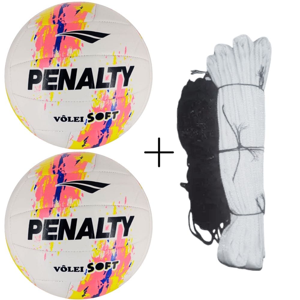 Kit 02 Bolas De Volei Penalty Soft X Costurada+Rede Vôlei Master Rede Seda 5M 1 Faixa Sintética