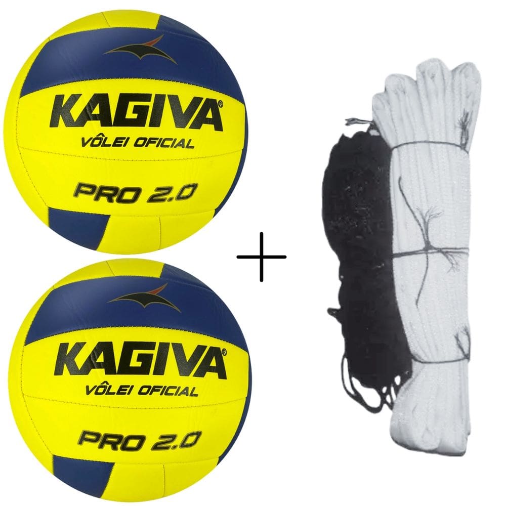 Kit 02 Bola De Vôlei Kagiva 2.0 Pro Costurada+Rede Vôlei Master Rede Seda 5M 1Faixa Sintética