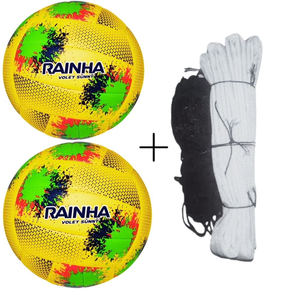 Kit 02 Bola De Vôlei Rainha Sunny+Rede Vôlei Master Rede Seda 5M 1 Faixa Sintética