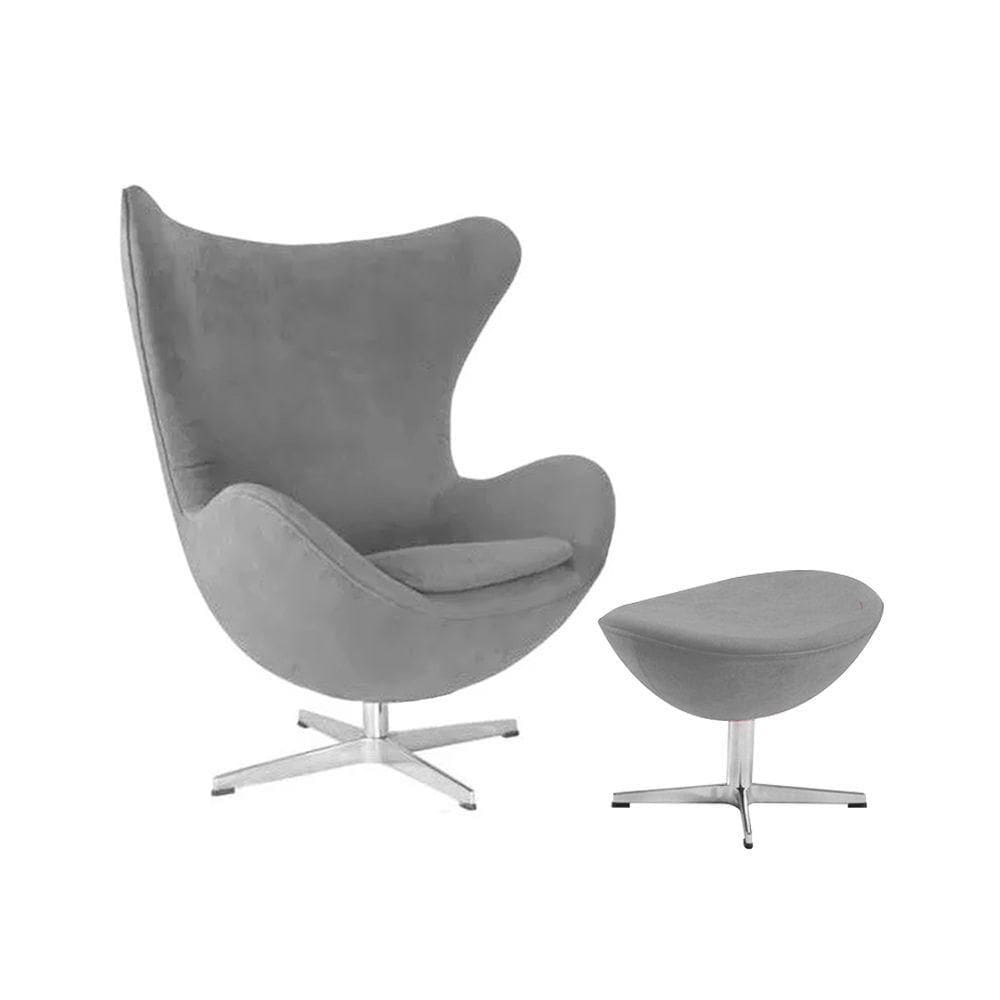 Poltrona Egg Com Puff Base Alumínio Em Sued Cinza