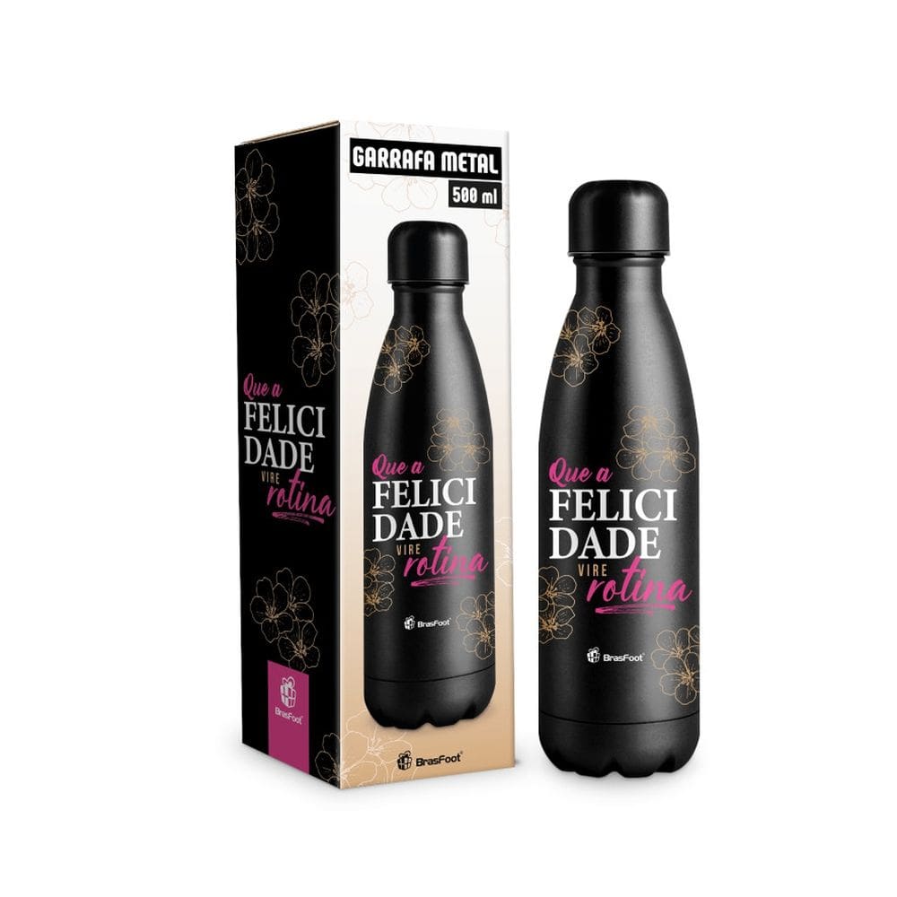 Garrafa Térmica Metal Neo - Felicidade Vire Rotina - 500ml - Brasfoot