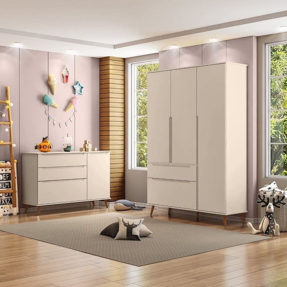 Conjunto de Bebê com 1 Guarda-roupa e 1 Cômoda em Mdf Melinda Off White