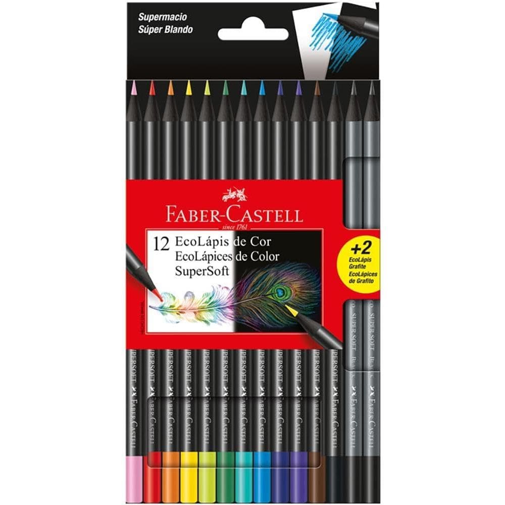 Lápis de Cor, Faber-Castell, EcoLápis Supersoft, 12 Cores + 2 Grafite