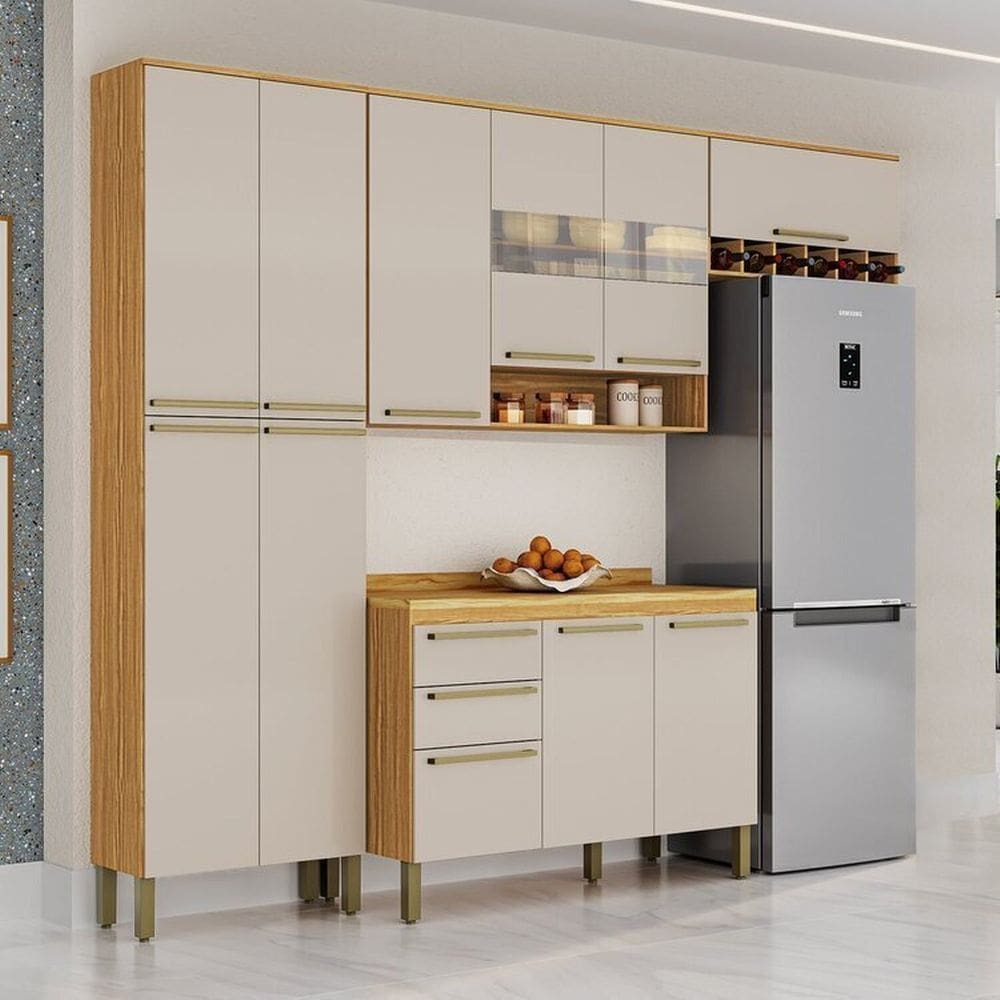 Cozinha Compacta Modulada 4 Peças 11 Portas com Vidro e Tampo 300cm 100% Mdf Itália Espresso Móveis Amêndoa/Off White
